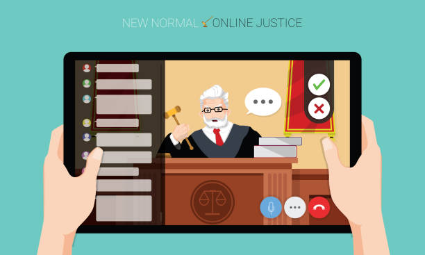 New normal concept and physical distancing, Hands holding tablet and wayching the judge adjudges case online for prevention from disease outbreak. Vector illustration of new behavior after Covid-19 pandemic concept New normal concept and physical distancing, Hands holding tablet and wayching the judge adjudges case online for prevention from disease outbreak. Vector illustration of new behavior after Covid-19 pandemic concept. supreme court justices stock illustrations