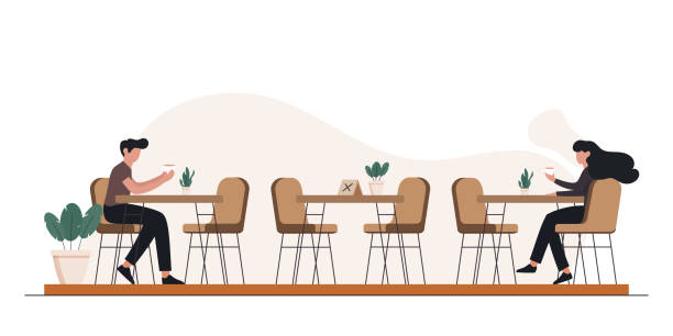 ilustrações de stock, clip art, desenhos animados e ícones de new normal concept restaurant, food and drink related vector illustration - pizza table