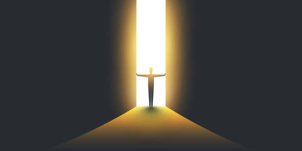 New Possibilities, Hope - Overcome Business Problems, Solution Finding, Vector Concept Businessman Standing in Dark, Symbol of Light at the End of the Tunnel door stock illustrations