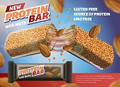 New Protein Bar with Almond Nuts Horizontal Banner, Gluten and GMO Free Energy, Healthy Sport Breakfast, Sweet Granola Cereal Snack Advertising Promo Poster Template, Realistic 3d Vector Illustration