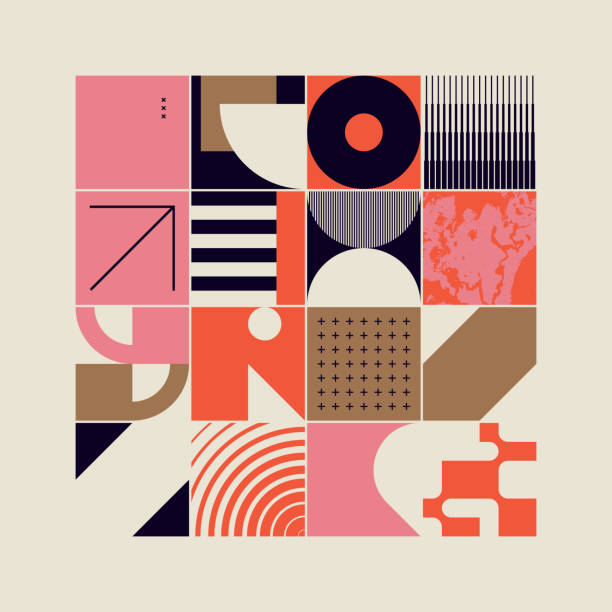 New Retro Pattern Artwork Design Composition New retro aesthetics in abstract pattern design composition. Art deco inspired vector graphics collage made with simple geometric shapes and grunge textures, useful for poster art and digital prints. geometric shape illustrations stock illustrations