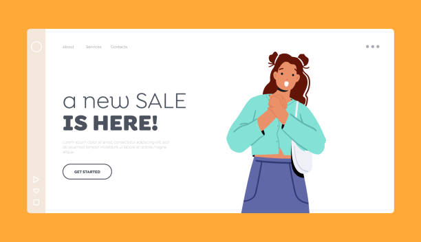 bildbanksillustrationer, clip art samt tecknat material och ikoner med new sale is here landing page template. astonished female character happy emotions. surprised young woman with wow face - omg girl