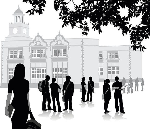 New Semester At Highschool A vector silhouette illustration of students outside of a school buidling in the courtyard.  Groups of students stand together with a young woman standing alone in the foreground. architecture silhouettes stock illustrations