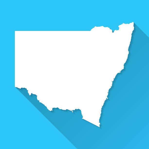 青い背景に長い影を持つニューサウスウェールズ州のマップ - フラットデザイン - ニューサウスウェールズ州点のイラスト素材／クリップアート素材／マンガ素材／アイコン素材