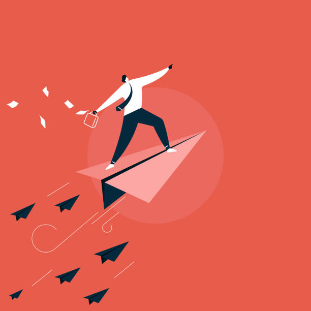 new Startup, businessman In Business Suit Standing On Paper Plane Flying Up Vector, growth and progress concept  free commercial use stock illustrations