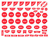 New sticker. Vector. Sale price tag product. Circle, corner, cloud badges. Red icons promo labels. Starburst shapes isolated on white background. Flat illustration. Set of new arrival pricetag signs.