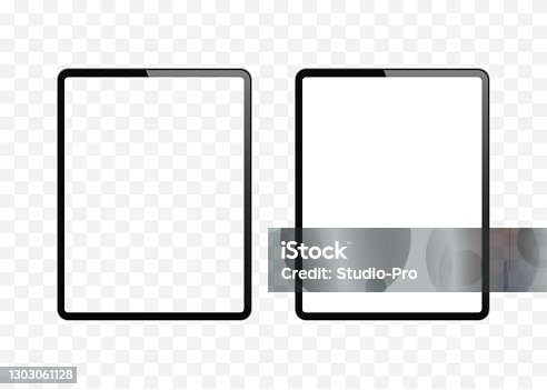istock New version of slim tablet similar to tablet computer with blank white and transparent screen. Realistic vector illustration. 1303061128