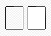 istock New version of slim tablet similar to tablet computer with blank white and transparent screen. Realistic vector illustration. 1303061128
