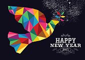 Happy new year 2015 greeting card or poster design with colorful triangle peace dove and vintage label illustration. EPS10 vector file.