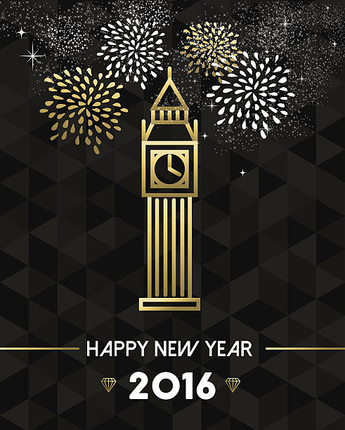 New Year 2016 london uk europe travel gold Happy New Year 2016 London greeting card with england monument big ben clock in gold outline style. EPS10 vector. happy new year card 2016 stock illustrations