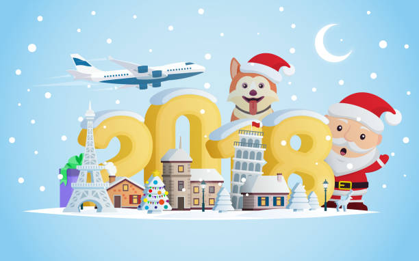 New year 2018. Greeting card. Flat 3d numbers and objects. The winter vacation. A small town in the mountains at night. vector art illustration