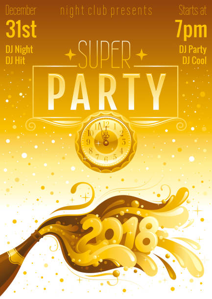 New Year 2018 vector banner with sparkling champagne, bottle with bubbles. Alcohol drink concept illustration. Night sky background. Party invitation design. Club poster template. Luxury golden color New Year 2018 vector banner with sparkling champagne, bottle with bubbles. Alcohol drink concept illustration. Night sky background. Party invitation design. Club poster template. Luxury golden color happy new year golden balloons with champagne stock illustrations