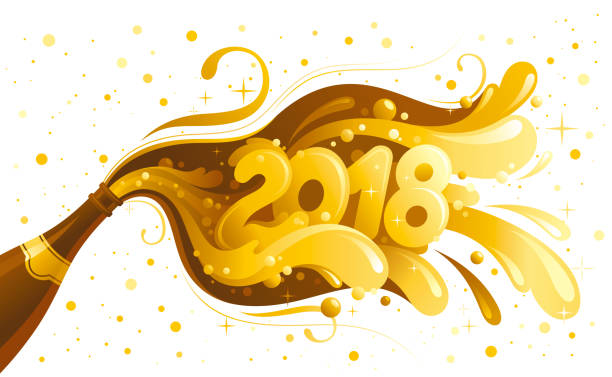 New Year 2018 vector banner with sparkling champagne wine bottle with bubbles. Alcohol drink concept illustration. Isolated on white background. Swirls pattern design. Luxury gold colors New Year 2018 vector banner with sparkling champagne wine bottle with bubbles. Alcohol drink concept illustration. Isolated on white background. Swirls pattern design. Luxury gold colors happy new year golden balloons with champagne stock illustrations