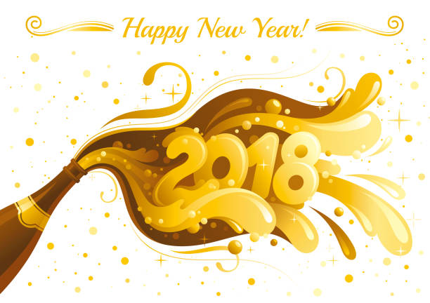 New Year 2018 vector banner with sparkling champagne wine bottle with bubbles. Alcohol drink concept illustration. Isolated on white background. Swirls pattern design. Luxury gold colors New Year 2018 vector banner with sparkling champagne wine bottle with bubbles. Alcohol drink concept illustration. Isolated on white background. Swirls pattern design. Luxury gold colors happy new year golden balloons with champagne stock illustrations