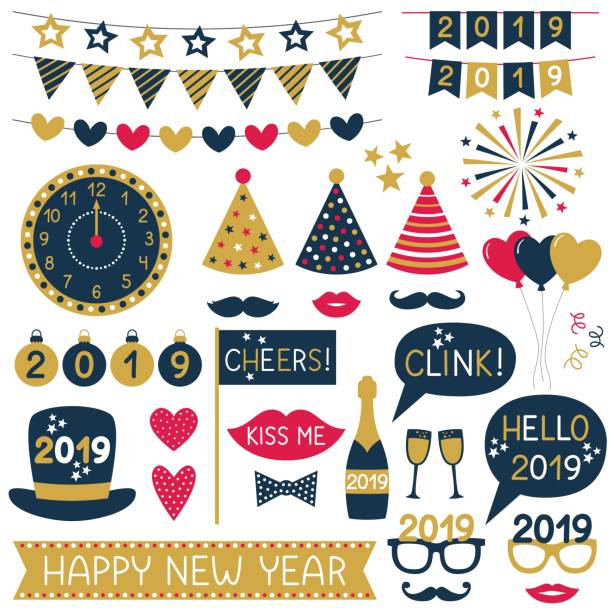 New Year 2019 party props and bunting, vector set New Year 2019 party props and bunting, vector set happy new year golden balloons with champagne stock illustrations