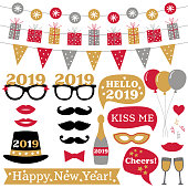 New Year 2019 photo booth props and decoration, vector set