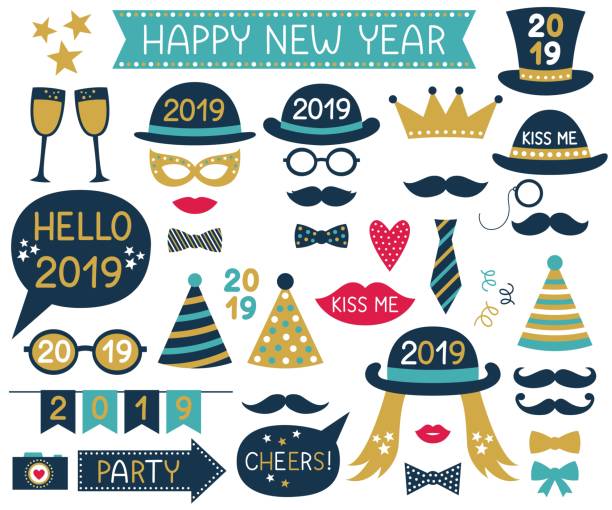 New Year 2019 vector design elements and party photo booth props New Year 2019 vector design elements and party photo booth props happy new year golden balloons with champagne stock illustrations