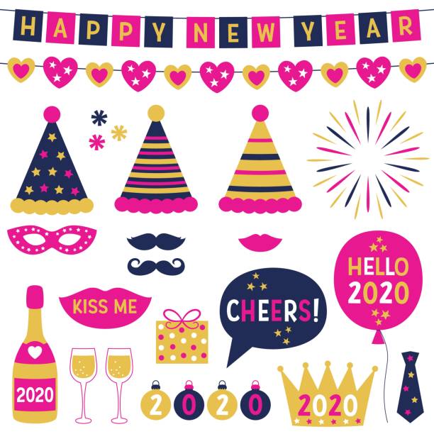 New Year 2020 party hats and decoration set New Year 2020 party hats and decoration set happy new year golden balloons with champagne stock illustrations