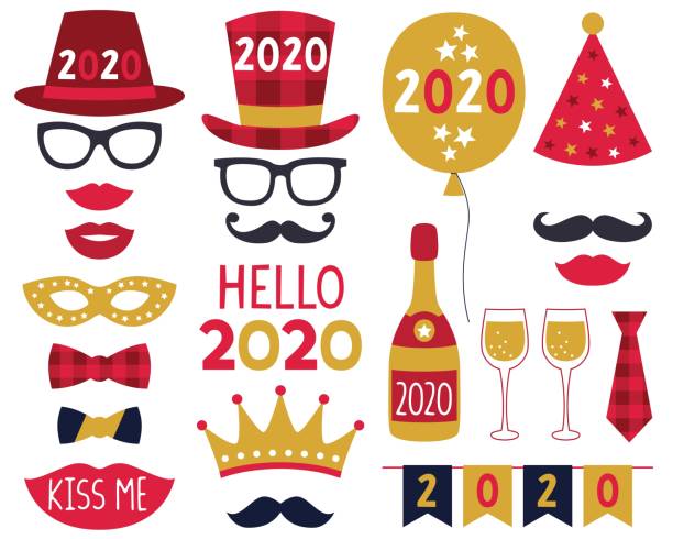 New Year 2020 party photo booth props set New Year 2020 party photo booth props set happy new year golden balloons with champagne stock illustrations
