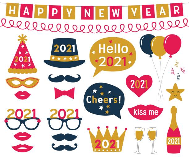 New Year 2021 vector photo booth props New Year 2021 vector photo booth props champagne clipart stock illustrations