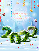 Winter landscape with pine branches, decoration and congratulation. Vector image for new years day, christmas, winter holiday, new years eve, silvester, etc