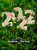 Paper year numbers is strewn with confetti on christmas tree. Vector image for new years day, christmas, winter holiday, new years eve, silvester