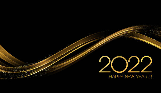 2022 New Year Abstract shiny color gold wave design element 2022 New year with Abstract shiny color gold wave design element and glitter effect on dark background. For Calendar, poster design calendar backgrounds stock illustrations