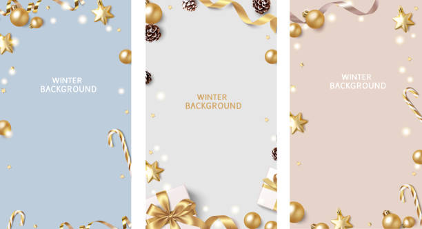 New Year and Christmas design template. Set of colour backgrounds with decorative golden balls and stars. Vector illustration christmas stock illustrations