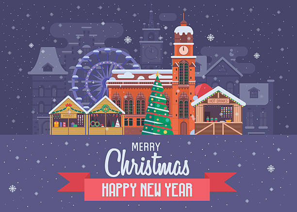 New Year and Christmas Greeting Card Vector Christmas wishing card with traditional celebrating text. Merry Christmas and Happy New Year greetings postcard with festive city background. Winter holidays congratulation template in flat. christmas market stock illustrations