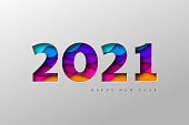 2021 New Year banner. Paper cut numbers with 3d bright colors wavy shapes. Minimal cover design. Template for Christmas flyers, greeting cards, brochures. Vector.