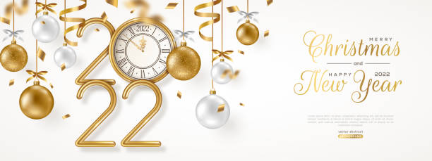 New Year banner with clock face vector art illustration