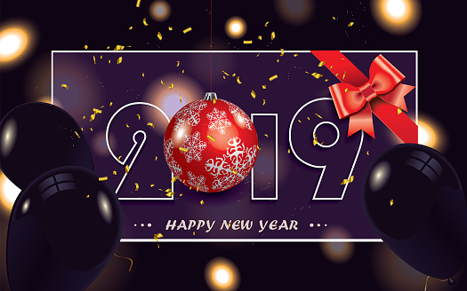2019 New Year banner with red decoration,gift bow,golden confetti and black balloons isolated on dark sparkle background