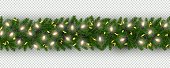 Christmas and New Year border of realistic branches of Christmas tree, garland, serpentine Element for festive design isolated on transparent background Vector