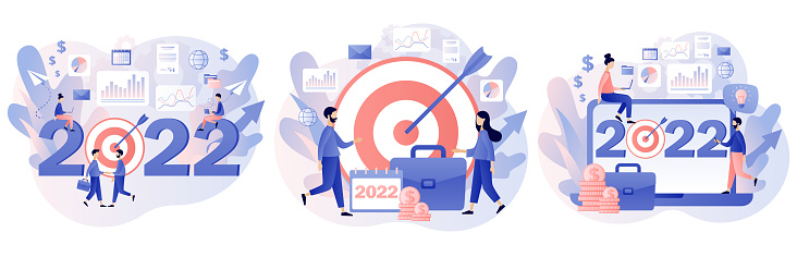 2022 New Year business goal. Tiny people businessmen planning goals for next year. Leadership, achievement, vision, success. Modern flat cartoon style. Vector illustration on white background
