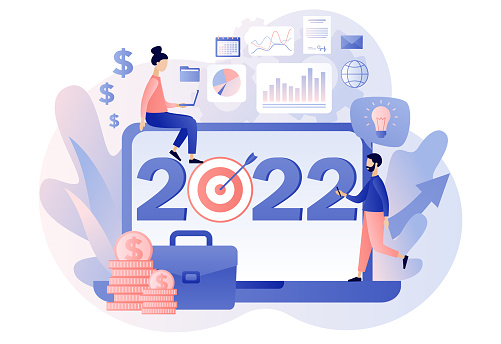 2022 New Year business goal.  Tiny people businessmen planning goals for next year online. Leadership, achievement, vision, success. Modern flat cartoon style. Vector illustration on white background