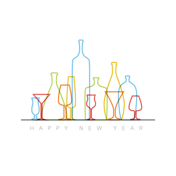 New Year card with bottles and glasses Modern minimalistic New Year card with bottles and glasses cocktail borders stock illustrations