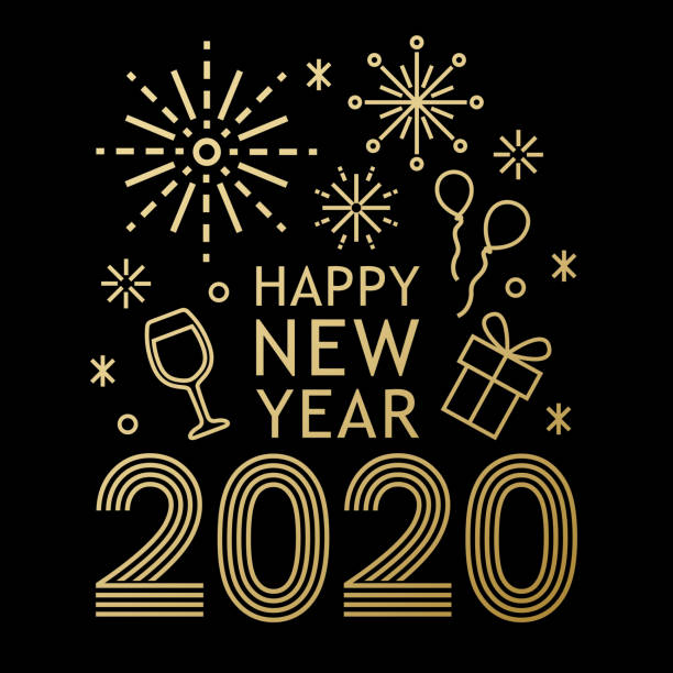 2020 New Year Celebrations Join the celebration party for the New Year 2020 with gold colored outline symbols of wineglass, gift box, balloons, star and fireworks happy new year golden balloons with champagne stock illustrations