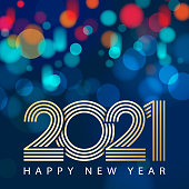 Join the celebration party for the New Year 2021 with outline of gold colored 2021 on the colorful sparkling light background