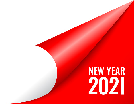 2021 new year coming soon, curled calendar page on red background