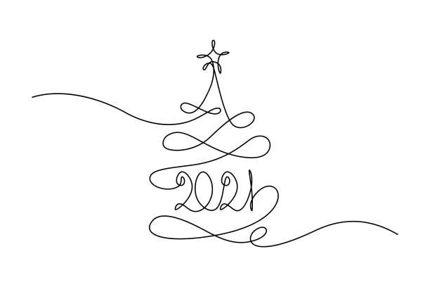 2021 New Year design 2021 New Year design in continuous line art drawing style. Christmas tree with 2021 year lettering. Minimalist black linear sketch isolated on white background. Vector illustration christmas tree outline stock illustrations