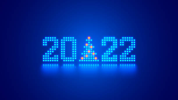 New Year digits 2022 and Christmas tree in tech style. 20 22 consist of 8 bit neon dots or pixels on blue background. 2022 New Year card of digital technology industry. Xmas holiday computer banner. vector art illustration