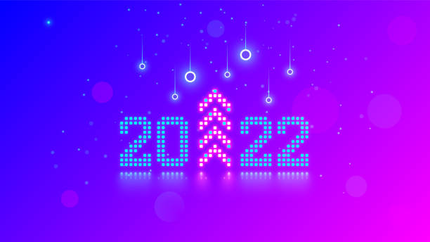 New Year digits 2022 and Christmas tree in tech style. 20 22 consist of neon dots or pixels on blue pink background. 2022 New Year card digital technological industry. Xmas computer holiday banner. vector art illustration