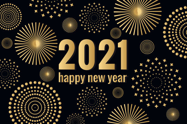 ilustrações de stock, clip art, desenhos animados e ícones de 2021 new year greeting card with fireworks - fogo de artifício dourado