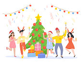 New Year Holidays and Christmas Party flat vector illustration.