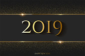 2019 New Year horizontal template. Vector golden 2019 New Year luxury design concept with golden glitter and frame