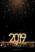 2019 New Year luxury design concept. Vector golden 2019 New Year vertical template with falling golden snow