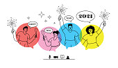 Friends celebrating New Year online. Virtual party.
Editable vectors on layers. This image includes transparencies.