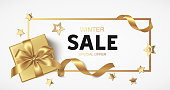 Winter background with decorative gift box and golden stars