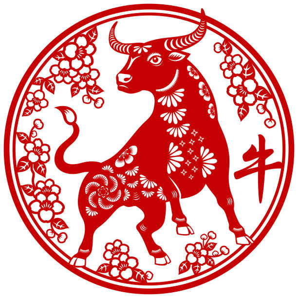 To celebrate the Chinese New Year with red paper art of Chinese frame in the Year of the Ox 2021 according to Chinese zodiac system