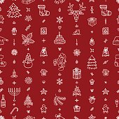Christmas and New Year pattern for wrapping paper with holiday icons on red background. Outline and hand drawn Christmas icons. Santa Claus, fir-tree, deer, snowman, toys. Vector illustration art.